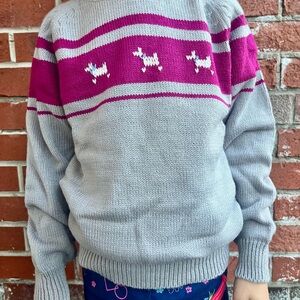 Vintage Kids Grey and Magenta Knit Pullover with Puppies Pattern